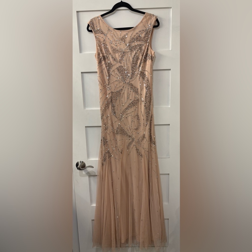 Adrianna Papell Blush Nude Beaded Maxi Gown